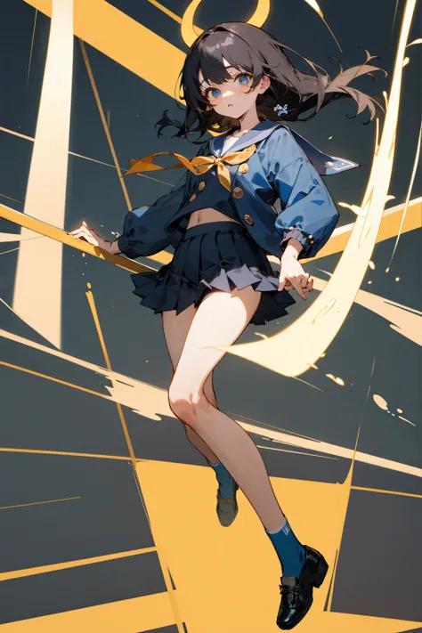  like a Japanese Navy destroyer during World War II、  a full-body portrait of a cute girl with dark hair 。She is young々It has a lovely vibe 、 with an anime-style design 。The uniform is an image of a Japanese Navy destroyer crew 、 gold buttons on a dark blu...