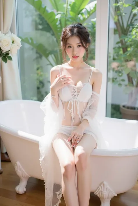 a young woman sitting elegantly on the edge of a white vintage bathtub. She is wearing a delicate white lace outfit with sheer, flowing sleeves, and the fabric drapes gracefully onto the floor. Her hair is styled in a loose, elegant updo adorned with small...