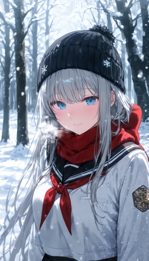 1 girl, blue eyes, long hair, Grey Hair , , çµç¹ , sailor collar, scarf, gradation shirt that Furakana has , Beanie, Long Sleeve, uniform, 学校のuniform, viewers, Outdoors, snow, Alone, tree, upper body, red scarf, breathe, black sailor collar, Em...