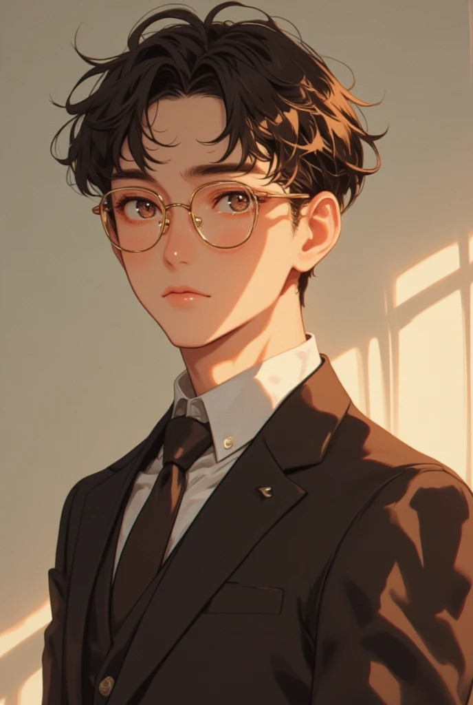 "Handsome university professor, dark brown hair, fair skin, sharp and slightly narrow eyes, fox-like gaze, thin and well-defined lips, small mole below the left corner of his lips, wearing thin gold-rimmed glasses, reflecting light slightly. Well-built phy...