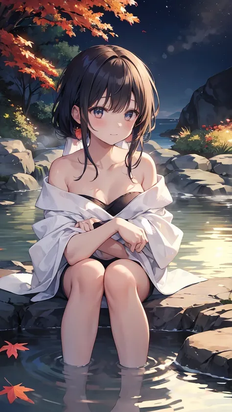   woman relaxing in a hot spring  ,Around ,Looking up at the moon、autumn leaves、Satisfied expression,Put a towel over your hair, beautiful inspirational light ,Graceful water flow, quiet atmosphere,Quiet and calm background