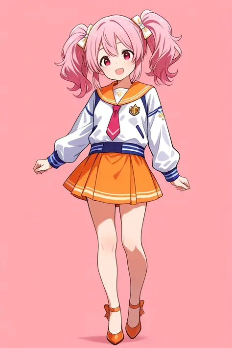 1 person、Full-body standing photo、human、Hair that bounces sideways、 long hair、 pink hair、 pink twin tails 、 brown eyes、 bigger eyes、Wide Eyes、sailor jacket with red tie、Are sailor jackets short sleeved、Is the sailor jacket white、Sailor jacket has orange ri...