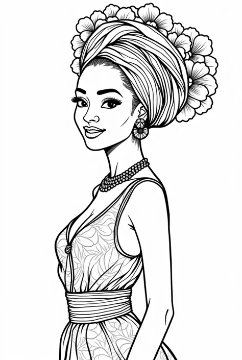 line art illustration of a  beautiful smiling African princes.  head covered with a  big beautiful flowered patten kitenge big headwrap, exposed breast and tits, she is dressed in a full African outfit, she is portside in a fashionist stile pose of a model...