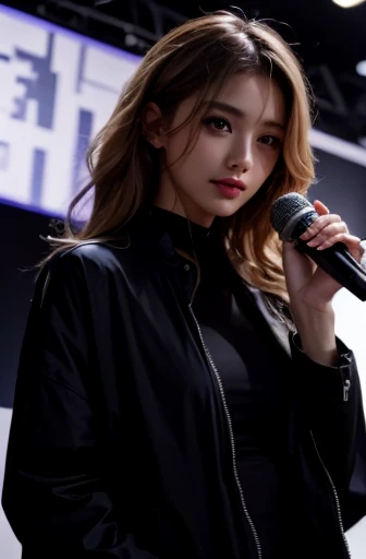 In a black jacket、 holding a microphone