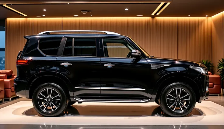 Mahindra Scorpio N  side look view shiny black in luxury showroom 