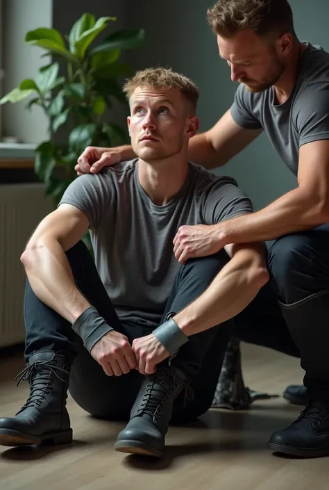 A blond man wearing safety boots and t-shirt is sitting tied up on a floor.  The nordic man wearing black long riding boots and cargo pants has bound blond mans ancles, wrists  and mouth with gray tape