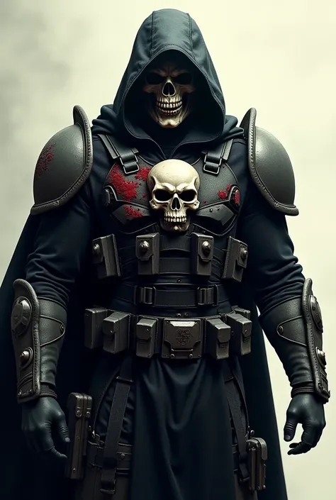 A dark, armored vigilante with a skull emblem on his chest, wearing a skull-like mask. His outfit is tactical with pouches, reinforced armor, and battle damage. Blood splatters on his armor and a menacing stance. The background is minimalistic, focusing on...