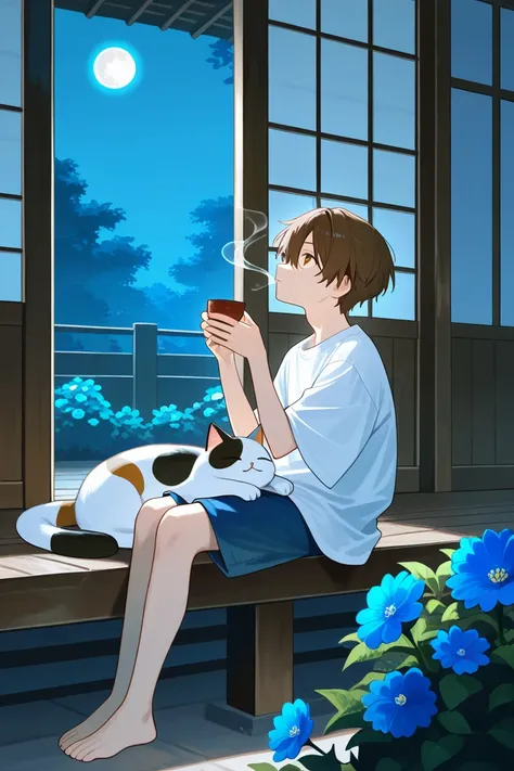 1boy, 1cat, natsume takashi, nyanko-sensei, natsume yuujinchou, baggy clothes, barefoot, blue shorts, brown hair, t-shirt, white shirt, wide sleeves, short sleeves, shorts, sitting on wooden porch, drinking tea with cat, hair between eyes, holding a cup, l...