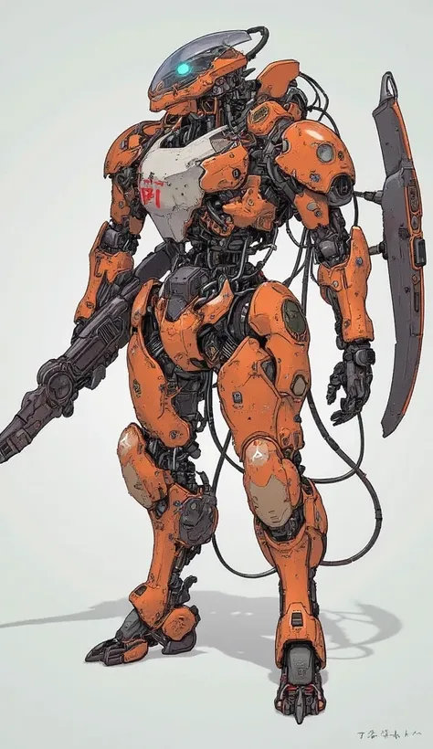 Futuristic,  heavily armored robot soldier with advanced exoskeleton suit 、 Gundam Barbatos-like silhouette 、 Gundam Barbatos-like design with mixed mechanical and cyborg elements,  dark, Rugged,  battle-experienced exterior .  The suit consists of metal p...