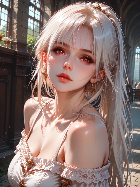 Upper body, Elegant mature woman, focus on face, curvaceous, white hair, thin waist, long ponytail, bangs, glossy-red eyes, bare shoulder, long leggings, fantasy, medieval, 4k resolution, high quality, depth of field, (masterpiece, best quality, absurd res...