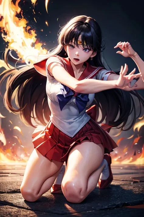 masterpiece, Highest quality, Absurd, Perfect Anatomy, One girl, alone, Mars, Very long hair, Parted bangs, Sailor Warrior Uniforms, Red Sailor Collar, Red Skirt, Elbow hand pockets, Are standing, Cartoon flames in the background, Stylized Background,Dynam...