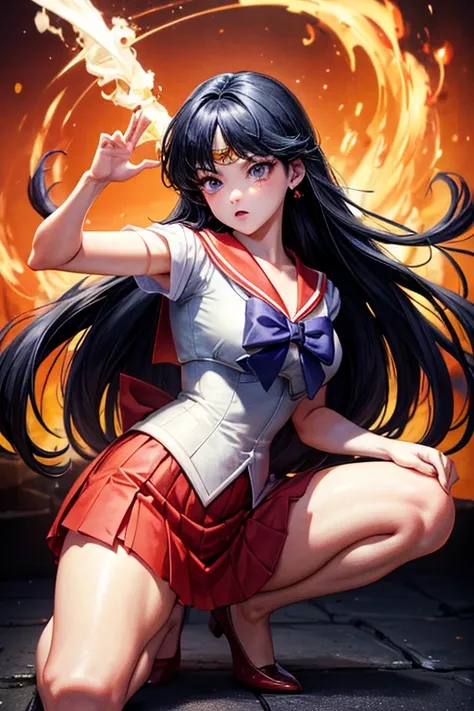 masterpiece, Highest quality, Absurd, Perfect Anatomy, One girl, alone, Mars, Very long hair, Parted bangs, Sailor Warrior Uniforms, Red Sailor Collar, Red Skirt, Elbow hand pockets, Are standing, Cartoon flames in the background, Stylized Background,Dynam...