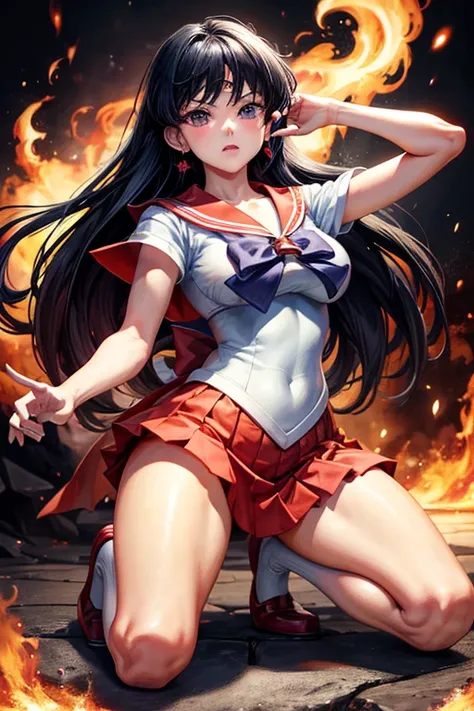 masterpiece, Highest quality, Absurd, Perfect Anatomy, One girl, alone, Mars, Very long hair, Parted bangs, Sailor Warrior Uniforms, Red Sailor Collar, Red Skirt, Elbow hand pockets, Are standing, Cartoon flames in the background, Stylized Background,Dynam...