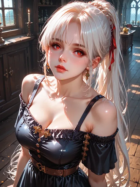 Upper body, Elegant mature woman, focus on face, curvaceous, white hair, thin waist, long ponytail, bangs, glossy-red eyes, bare shoulder, long leggings, fantasy, medieval, 4k resolution, high quality, depth of field, (masterpiece, best quality, absurd res...