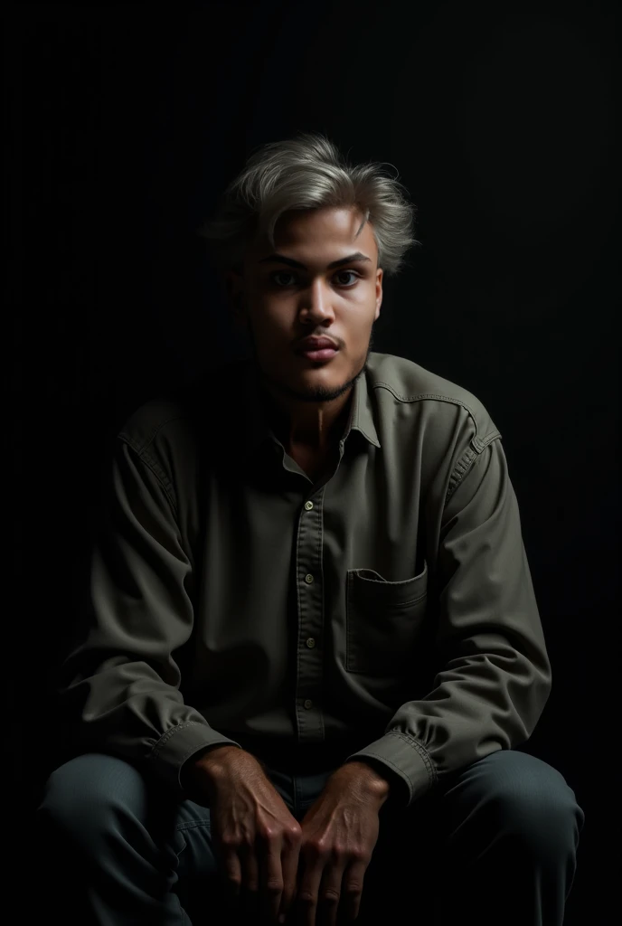 A man sitting down, black baground with shadow