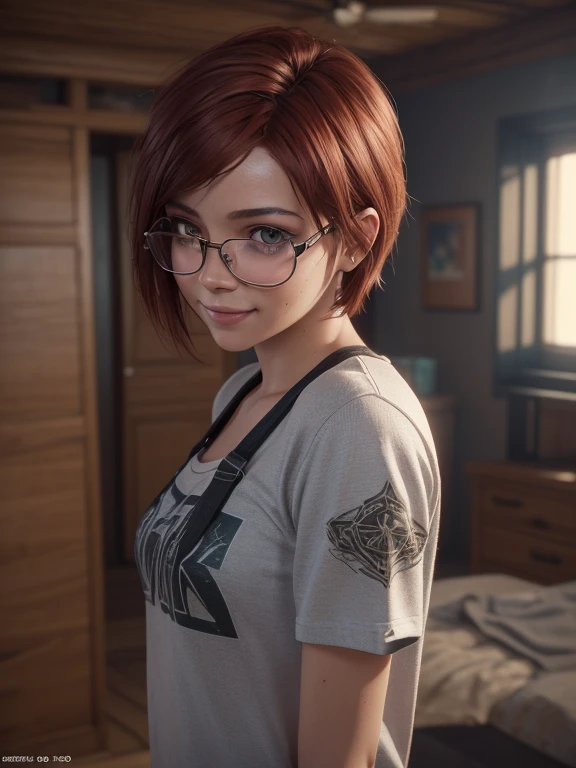  close-up,  upper body . Short,  red hair,  green eyes, (metal frame glasses with diopters:1.2), cap, the shirt , mini shorts, smiling  girl in the room. ( Masterpiece ,  top quality ,  better quality,  official art ,  beautiful and aesthetic:1.2),  extrem...