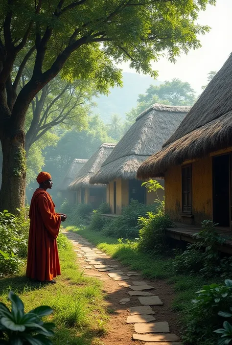  View of the village of Kalijaga in the 15th century ,  traditional houses with thatched roofs ,  A Javanese cleric wearing a robe and turban ,speaking to the inhabitants under the big trees , mystical and peaceful feel .