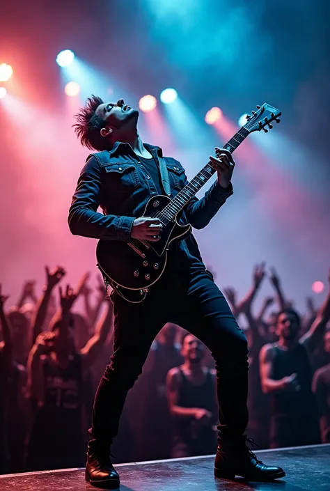 Song cool guy playing electric guitar on stage at a metal concert