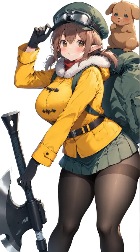 solo, (((A very short girl))), ( plump body ), ( plump face), Thick thighs,( short legs), Hand gloves , (Big Axe), ( white background), ( standing picture),  Masterpiece, fuzzy brown duffle coat, dark green mini skirt ,  black pantyhose,  Hunting Hat ,  He...