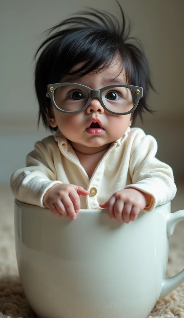 human baby dressed as elvis presley wearing gray lens glasses, is inside a cup