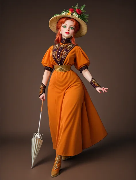 Starfire (Teen Titans Go) as a sexy 15yo redhead Gibson Girl coquette, wearing a (((1900_dr3ss))). Year 1904. High-collar gown, voluminous skirt, wide-brimmed hat with flowers, gloves, silk stockings, buttoned ankle boots. Voluminous Gibson Girl updo. Edwa...