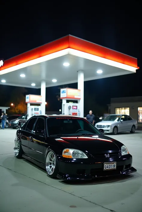 A black car is parked at a gas station at night.
The car is a Honda Civic Rebirth with tinted windows and aftermarket wheels.
There is a gas station attendant standing in the background.
The car has a license plate number “Q4D1R" visible.
The gas station i...