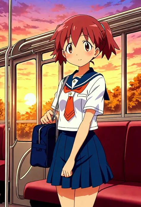 Natsumi hinata,schoolgirl uniform,waiting in parade bus,bus,sunset,