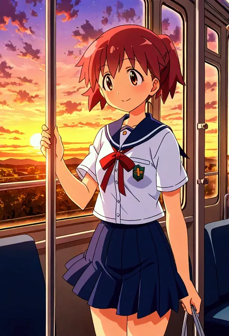 Natsumi hinata,schoolgirl uniform,waiting in parade bus,bus,sunset,