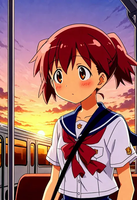 Natsumi hinata,schoolgirl uniform,waiting in parade bus,bus,sunset,