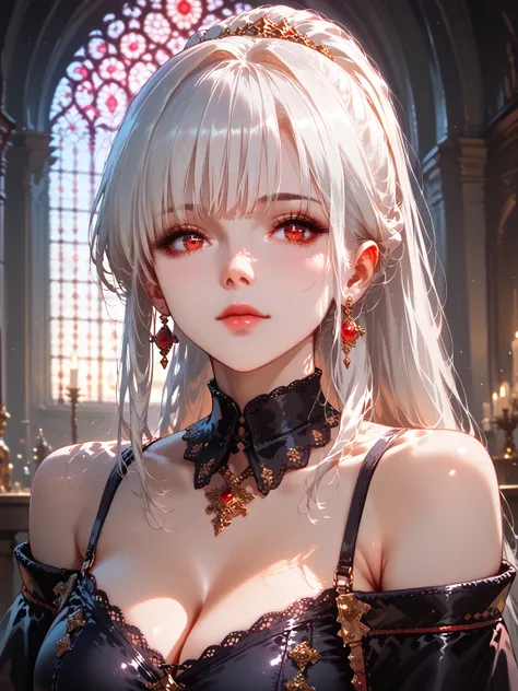 Upper body, Elegant mature woman, focus on face, curvaceous, white hair, thin waist, long ponytail, bangs, huge breasts, hourglass body, glossy-red eyes, bare shoulder, long leggings, fantasy, medieval, 4k resolution, high quality, depth of field, (masterp...