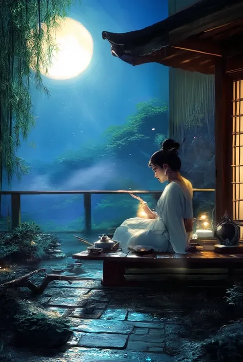 A serene garden, a summer night with the light of the full moon illuminating the cobblestones. On the veranda of an old tea room, a tea master dressed in a white kimono sits elegantly, quietly manipulating tea ceremony utensils floating in the pale moonlig...