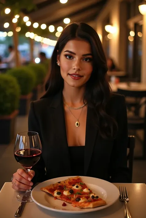 A young woman in her mid twenties having pakistani fair skin tone complexion,  is seated at a table in an outdoor restaurant. She is wearing a dark, possibly black, blazer-style top, and has long, straight dark black hair.  She has a sophisticated, light m...