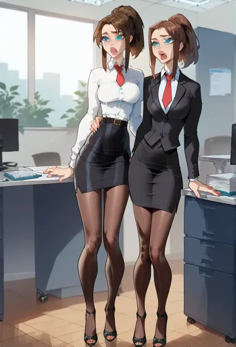 1 girl, a white shirt, shirt with long tight sleeves, red tie, suit, black suit, no breasts, pure blue eyes, moaning, pencil skirt, black skirt, belt, pantyhose, heels, office, dark brown hair, ponytail, straight hair, slim figure, full body visible from h...