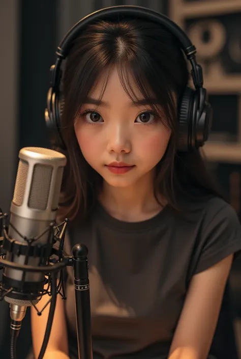 A girl sitting in front of the mic