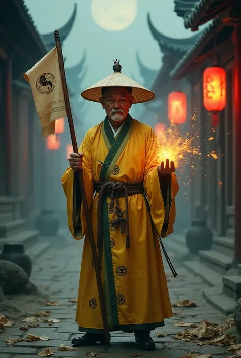 【Subject Description】
A middle-aged Taoist priest with solemn expression and mustache, wearing a conical bamboo hat, traditional yellow Taoist robe with Yin Yang and Eight Trigrams patterns, holding a peach wood sword in one hand and glowing talisman paper...