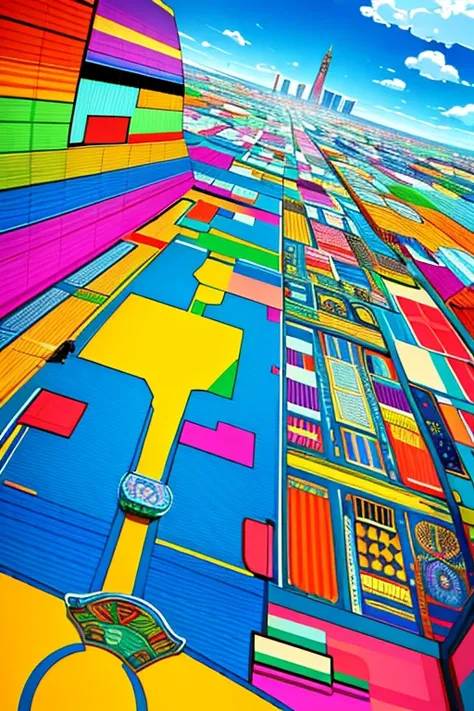 ,  floral 、  fantasy,     Stained Glass Style Art Style  , 子どもの  Graffiti style,   Graffiti style, Geometric design, Extremely colorful, . city, cityscape, Fun city, town,  European-style cityscape , car,   airplane  ,   helicopter  ,  commercial aircraft ...