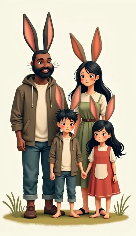 Here’s a modified prompt based on your request:

"A long shot of a family standing together, including a father, mother, teenage boy, and girl, all with black hair. Each family member is a human-rabbit hybrid, blending human features with rabbit-like chara...