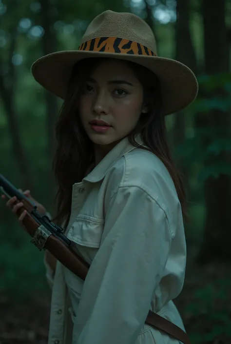 A beautiful Thai actress with long dark hair and strong piercing eyes is wearing a white safari outfit complemented by a wide-brimmed hat adorned with a tiger stripe band. She is holding an old rifle in a mysterious deep forest at night, creating an action...