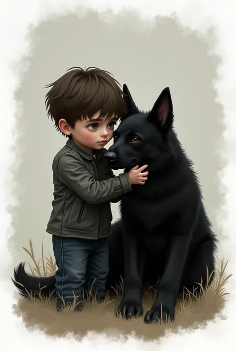 eger boy, dark eyes, pale skin, brown hair playing with all black dog german shperad 
Drawing with white vinngete around