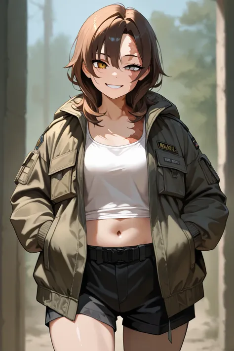 1 girl, brown medium hair, small eyes, tall, jacket, hands in jacket's pocket, looking at viewer, smile, scar on left face, burn scar on left face, odd eye, brown right eye, grey left eye, mesugaki, tactical clothes, mature, white tanktop, black shorts, na...