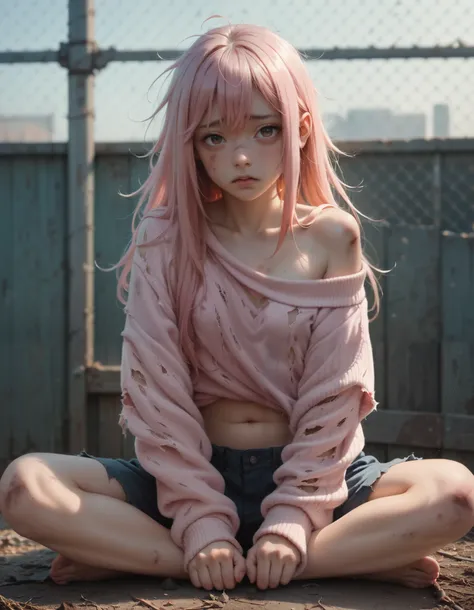 Japanese girl. Small breasts. Pink long hair with bangs. Torn sweater. Dirty body. Bruises. Off shoulder. Navel. Lifting up sweater . Shy. Embarrassed. Messy hair . Rusty metal fence. Sitting 