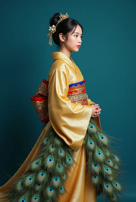  Full-length girl,  standing sideways, the head is rotated in three quarters,  in a gold kimono with peacock feathers, phthalo blue background  