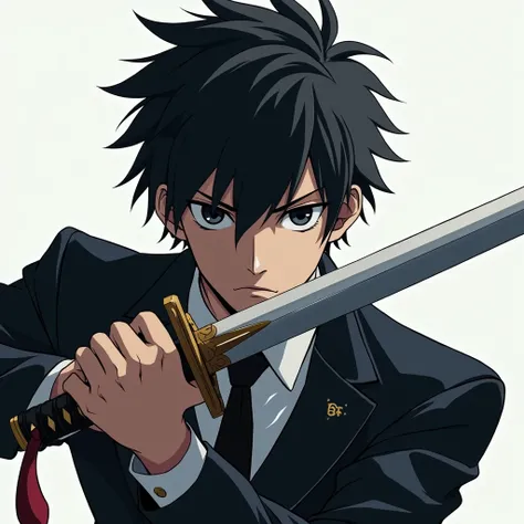 mappa anime, guy with black hair with a sword combat style, in a suit, staring at the camera, perspective