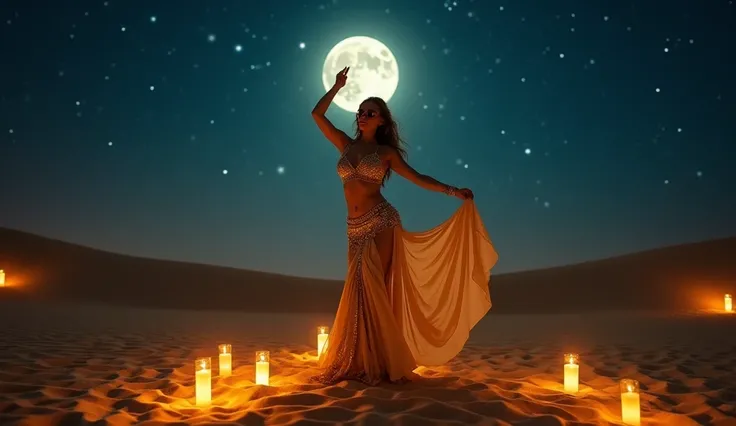 "An elegant Arabic belly dancer performing under a full moon in a mystical desert setting, wearing a gold sequined outfit with flowing fabrics. Candles light the sandy ground, and her movements exude grace and passion. The backdrop features sand dunes, a d...