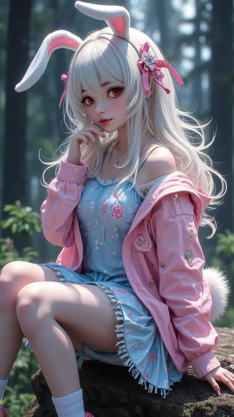  with fine detail {x}， 、 Pink Blue Outerwear 、 A detailed and engaging high-resolution image of a female character with long loose hair ，Rabbit ears、Rabbit tail、 Red Eye、 Animal-like Outfit 、pajamas、 Little Socks 、 Medium chest 、 Delicately Balanced Pose 、...