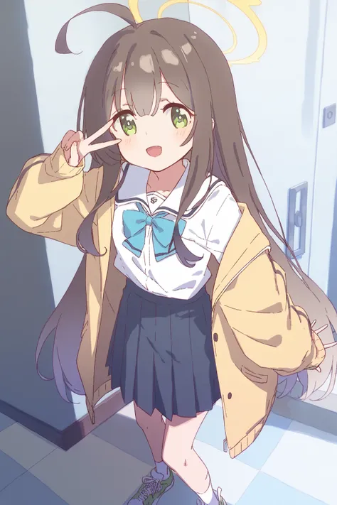 nonomi \(blue archive\), green eyes,brown hair,long hair,single hair ring,halo,yellow jacket,white shirt,pleated skirt,sneakers,大きな胸,v,立っている,standing