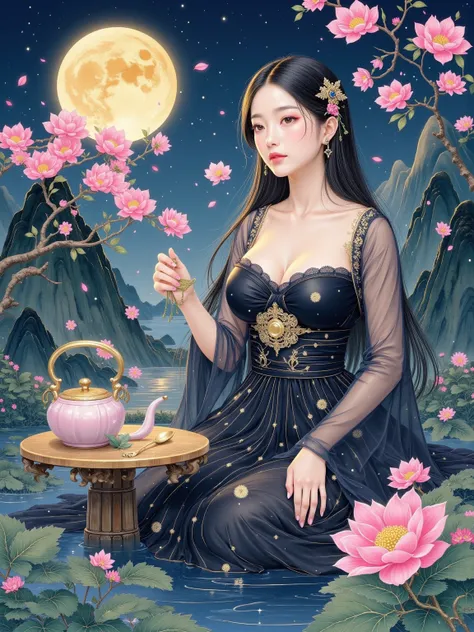 Final Fantasy style, Kazunari Takahashi's masterpiece, ((Moonlit Tea Ceremony: 1.8)), depicts a face in exquisite detail. Detailed eyes, detailed face, hair rendered down to the smallest detail, solo, sexy girl, beautiful, enchanting, masterpiece, top qual...