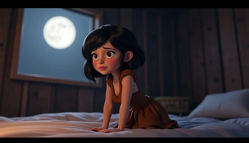 A woman ((black hair, round cute face, brown dress)) set on the bed on floor , a woman in fear , moon ligh entered through window of hutHigh Resolution, Best Quality, High Quality, High Details, in 3d Pixar's Disney animation