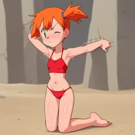 Anime screencap, score 9, score_8_up, score_7_up, score_6_up, source anime, beach, 1 girl, petite girl, (loli height), ((short height: 1.3)), (short stature), misty \(pokemon\) making a double armpitjob to two men: 1.7, motion lines, armpitjob, two men rub...