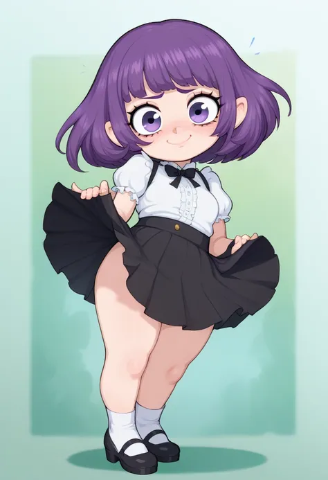 score_9, score_8_up, score_7_up, 1girl, short hair bob, purple hair, sad eyes, smile, white blouse, black skirt, petite, needy, dopey, awkward, shortstack, big eyes